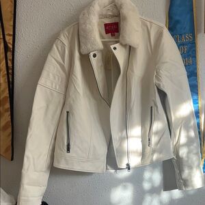 Quess White Faux Leather Jacket/Detachable Fur Collar